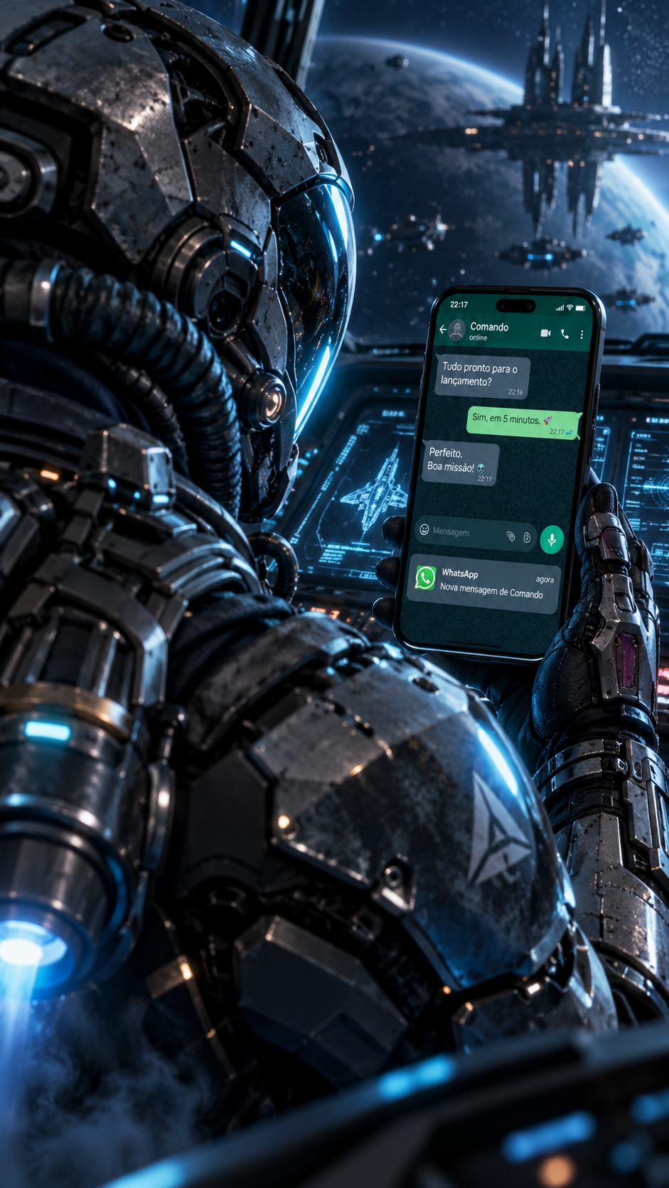 Piloto alienígena futurista, visto de costas, segurando o celular com o WhatsApp recebendo uma mensagem