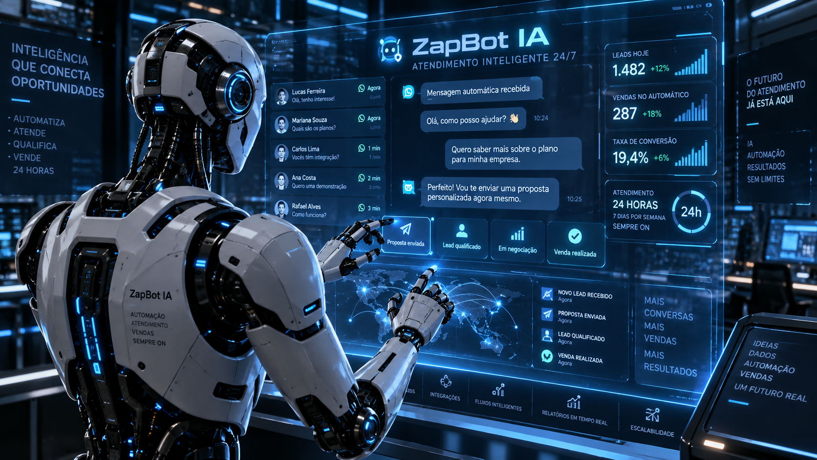 Painel do ZapBot·IA mostrando conversas, leads qualificados e vendas em tempo real