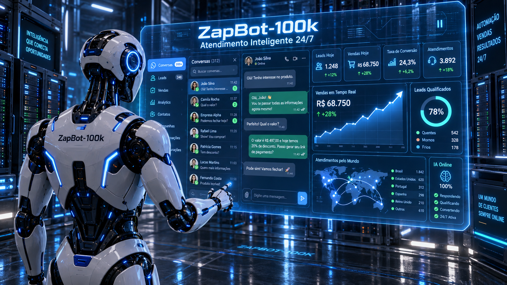 Painel do ZapBot-100k mostrando conversas, leads qualificados e vendas em tempo real
